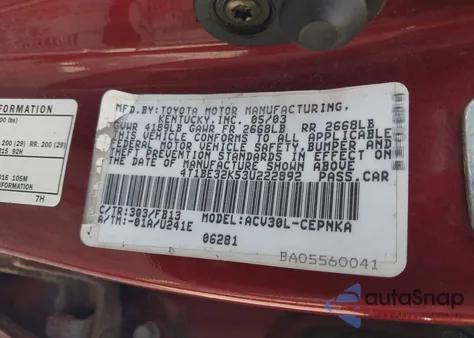 2003 Toyota Camry Le from USA, damaged, VIN 4T1BE32K53U222892